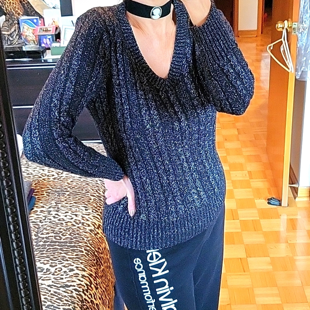 NEW Style&Co V-Neck Metallic Cable-Knit Sweater, Black & Silver, S